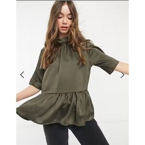 ASOS DESIGN Blouse Womens 6 Olive Green High Neck Short Sleeve Peplum Tunic Top